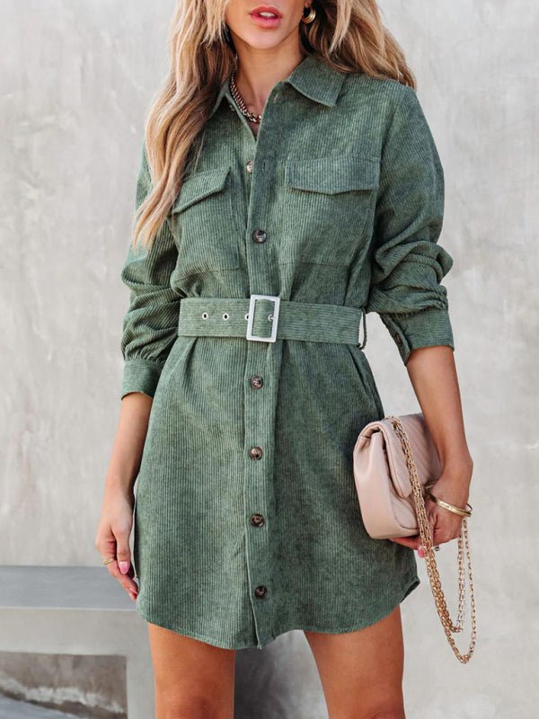 Levoire | Femme ceinture en robe-blouse en velours de coton à manches longues Vert
