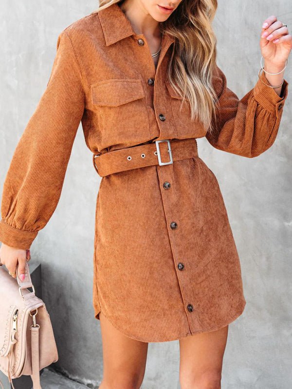 Levoire | Femme ceinture en robe-blouse en velours de coton à manches longues Braun