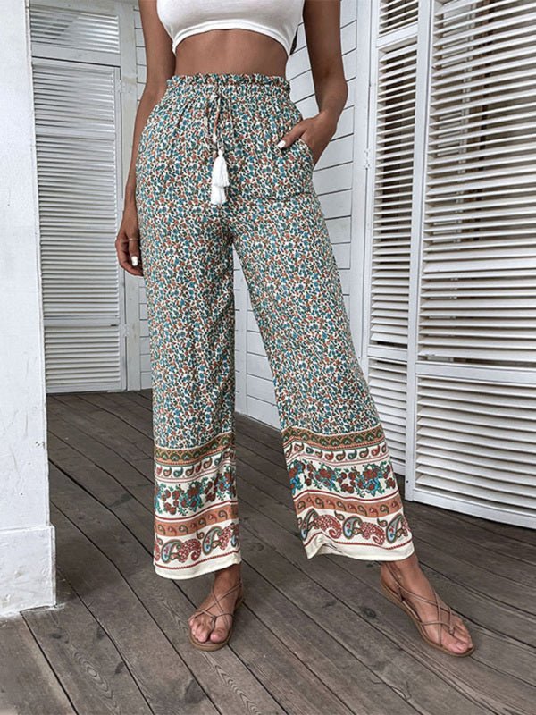 Levoire | Femme Bohème motif ethnique pantalon large Vert