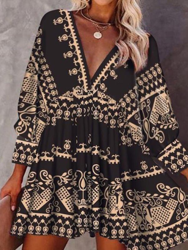 Levoire | Femme Bohème Style Ethnique Robe 3/4 Manche Noir