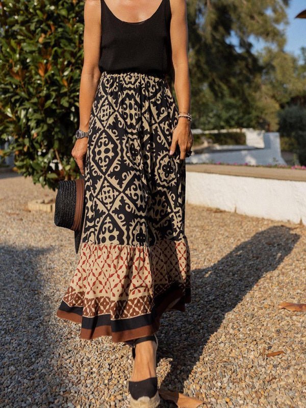Levoire | Femme Bohème style ethnique imprimé couture jupe Noir
