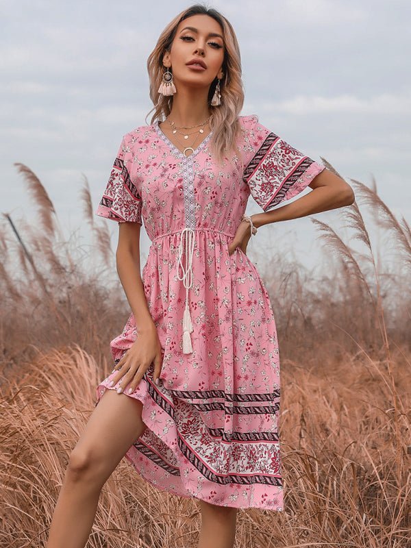 Levoire | Dame Bohème Courte Manches V-Uring Robe Fleurie Rosa