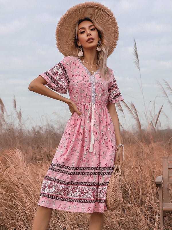 Levoire | Dame Bohème Courte Manches V-Uring Robe Fleurie