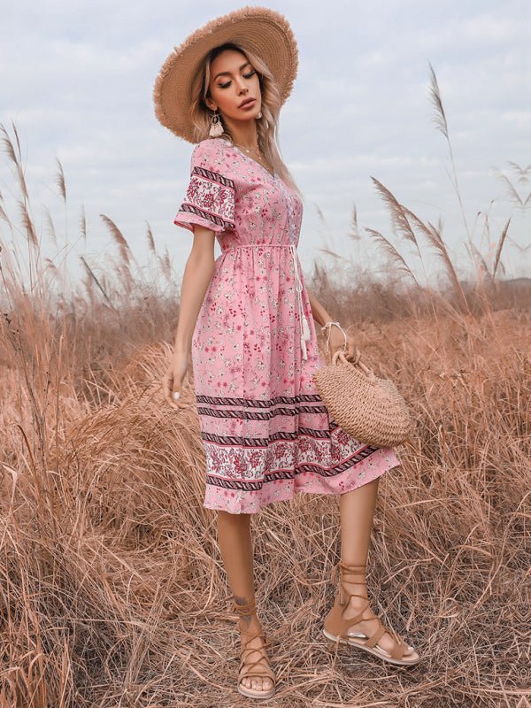 Levoire | Dame Bohème Courte Manches V-Uring Robe Fleurie