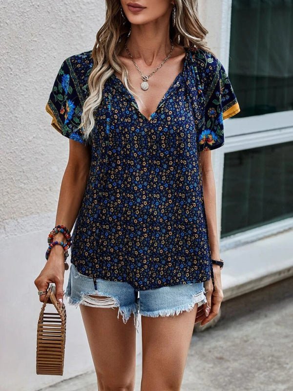 Levoire | Femme décontractée ethnique imprimée V-neck à manches courtes chemise loose