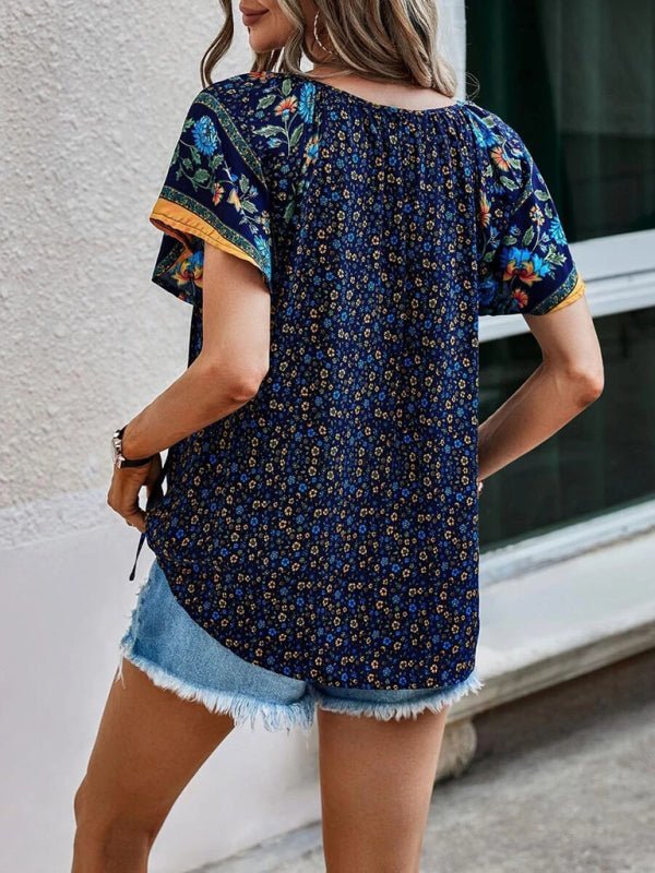 Levoire | Femme décontractée ethnique imprimée V-neck à manches courtes chemise loose