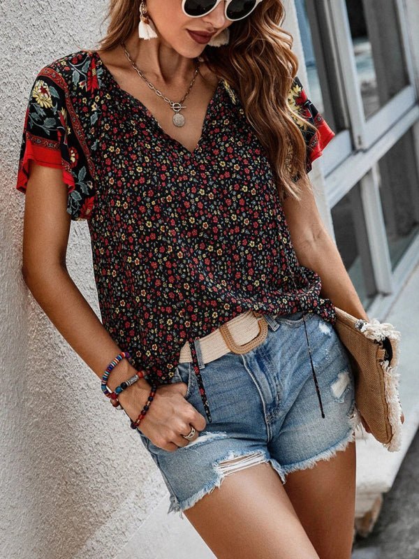 Levoire | Femme décontractée ethnique imprimée V-neck à manches courtes chemise loose