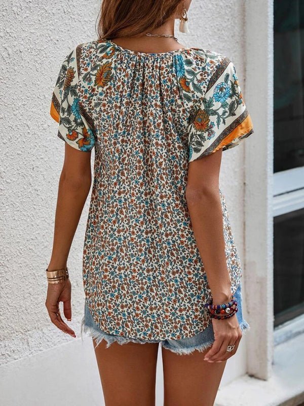 Levoire | Femme décontractée ethnique imprimée V-neck à manches courtes chemise loose