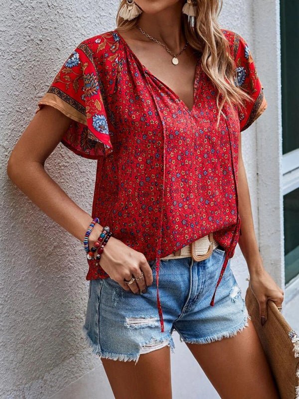 Levoire | Femme décontractée ethnique imprimée V-neck à manches courtes chemise loose