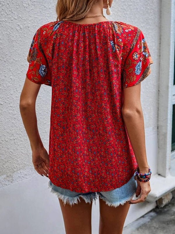 Levoire | Femme décontractée ethnique imprimée V-neck à manches courtes chemise loose