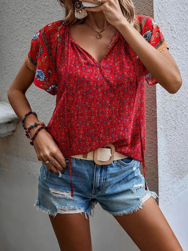 Levoire | Femme décontractée ethnique imprimée V-neck à manches courtes chemise loose