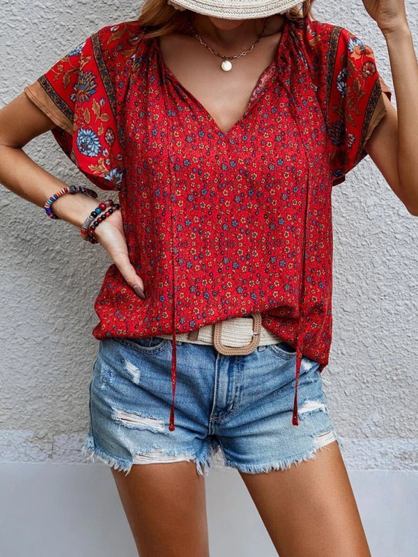 Levoire | Femme décontractée ethnique imprimée V-neck à manches courtes chemise loose Rot