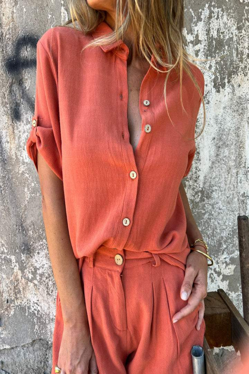 Levoire | Chemise En Lin Et Ensemble De Shorts Pour Femmes Rouge orange