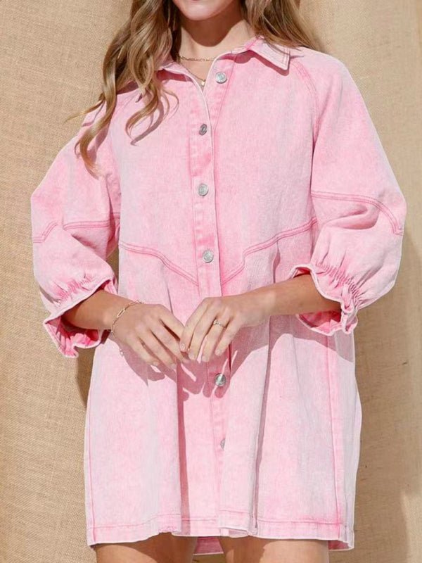Levoire | Femmes Robe Longue à Manches Bouffantes en Denim Baggy Lâche Rosa