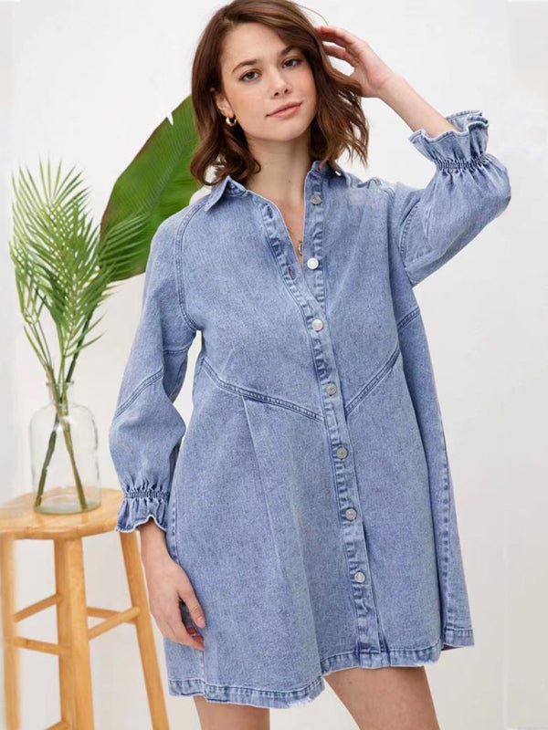 Levoire | Femmes Robe Longue à Manches Bouffantes en Denim Baggy Lâche