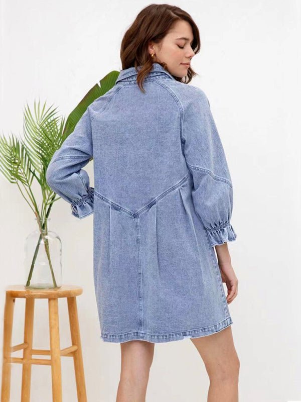 Levoire | Femmes Robe Longue à Manches Bouffantes en Denim Baggy Lâche
