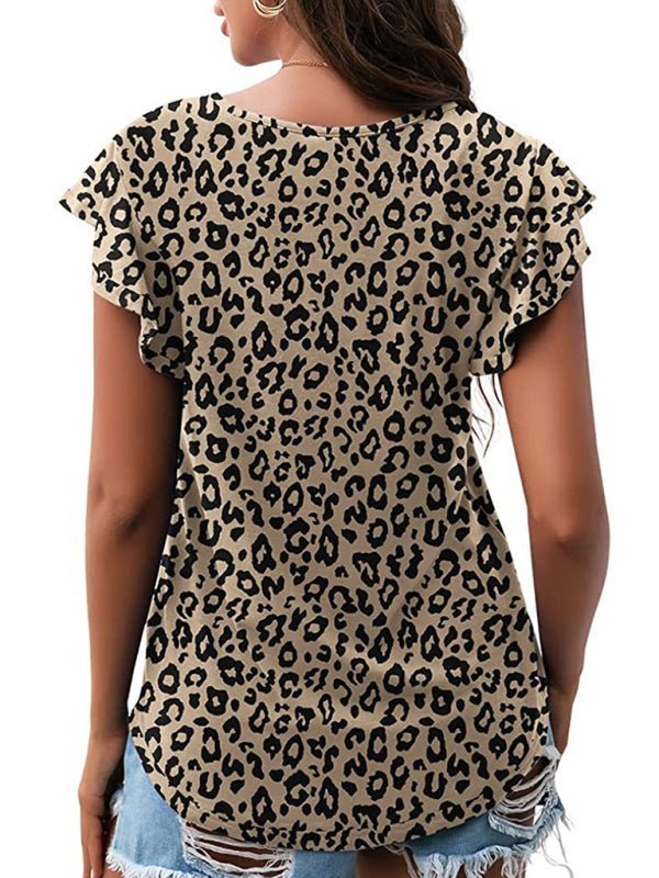 Levoire | T-shirt à col rond imprimé feuilles de lotus pour dames à manches courtes