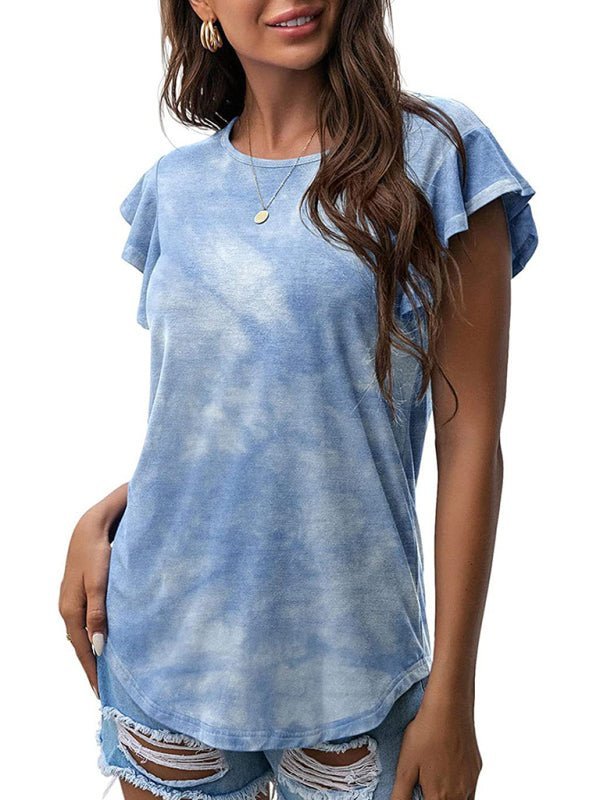 Levoire | T-shirt à col rond imprimé feuilles de lotus pour dames à manches courtes Bleu