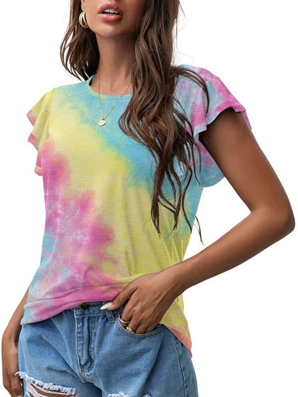 Levoire | T-shirt à col rond imprimé feuilles de lotus pour dames à manches courtes