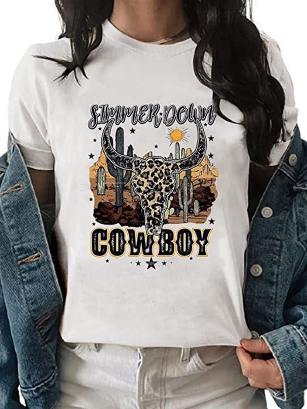 Levoire | Femme Loisirs Manches Courtes Hauts Highland Cattle Western Cowboy Vintage Sport T-shirt
