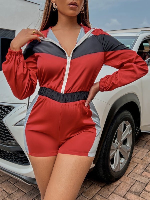 Levoire | Femme Loisirs Épissage Couleur Contraste Zip Énteiler Shorts Rot