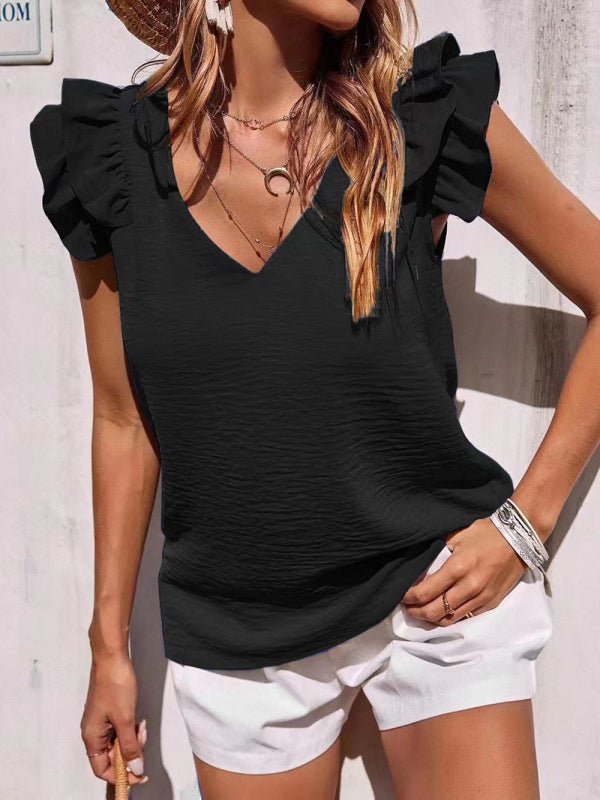 Levoire | Femmes décontractée top volants sans manches été V cou blouse Noir