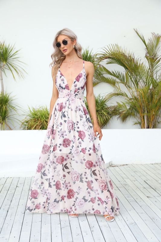 Levoire | Femmes Chiffon imprimé bretelles sexy longue robe Rosa