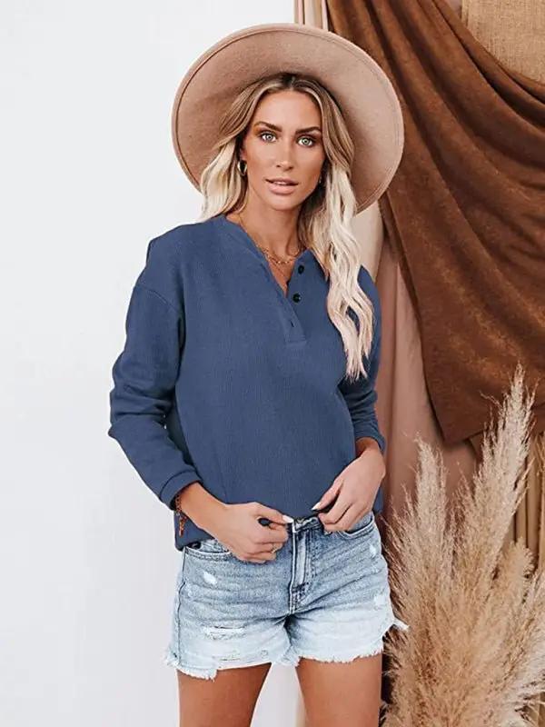 Levoire | Vêtements pour dames Amazon Hot Style V-U-col Uni Manches longues Haut T-Shirt Femmes