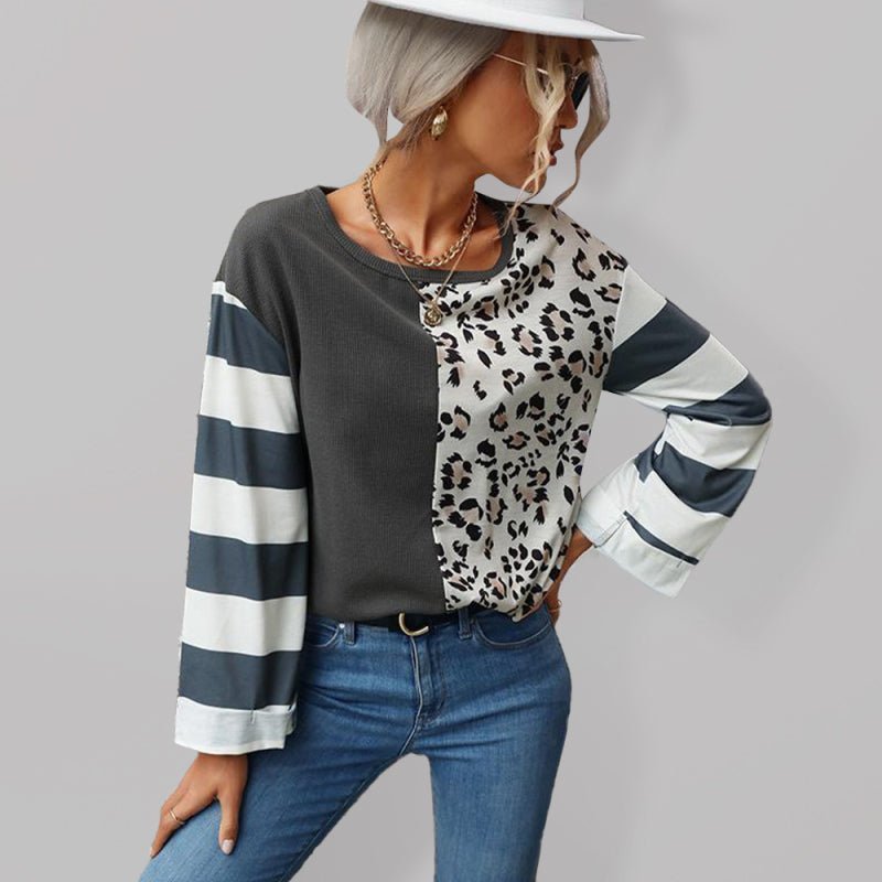 Levoire | Femmes couleur-bloc motif léopard rayé blouse à manches longues Gris foncé