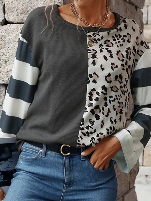 Levoire | Femmes couleur-bloc motif léopard rayé blouse à manches longues