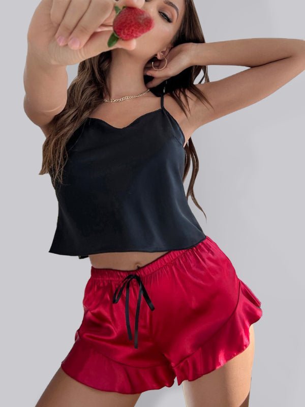Levoire | Femme Tanktop à Contraste + Shorts Pyjama Ensemble Deux Pièces Rot