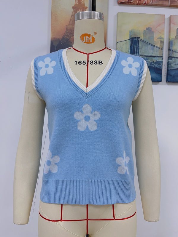 Levoire | Femme Haut en tricot sans manches Jacquard à col en V bicolore