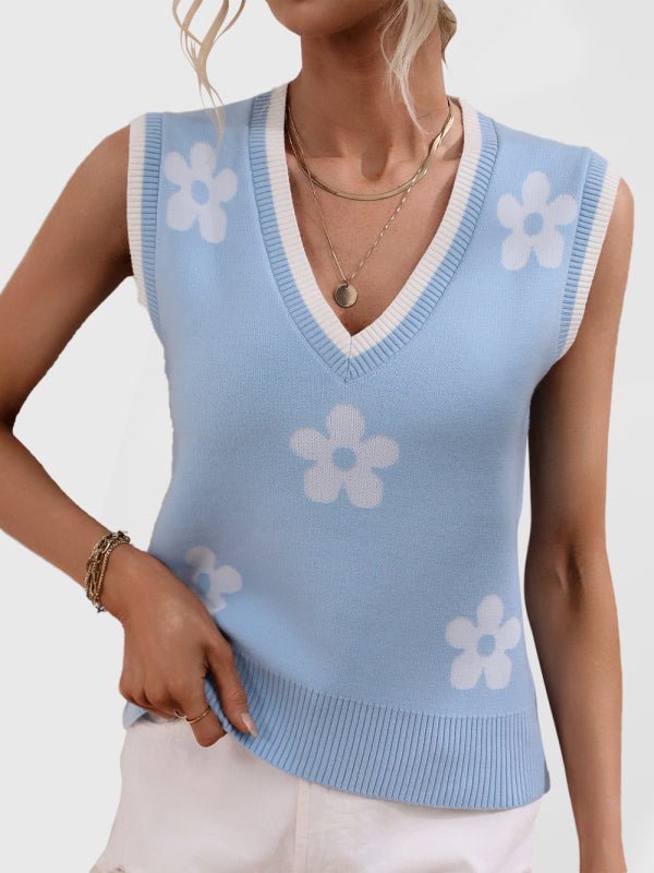 Levoire | Femme Haut en tricot sans manches Jacquard à col en V bicolore Bleu