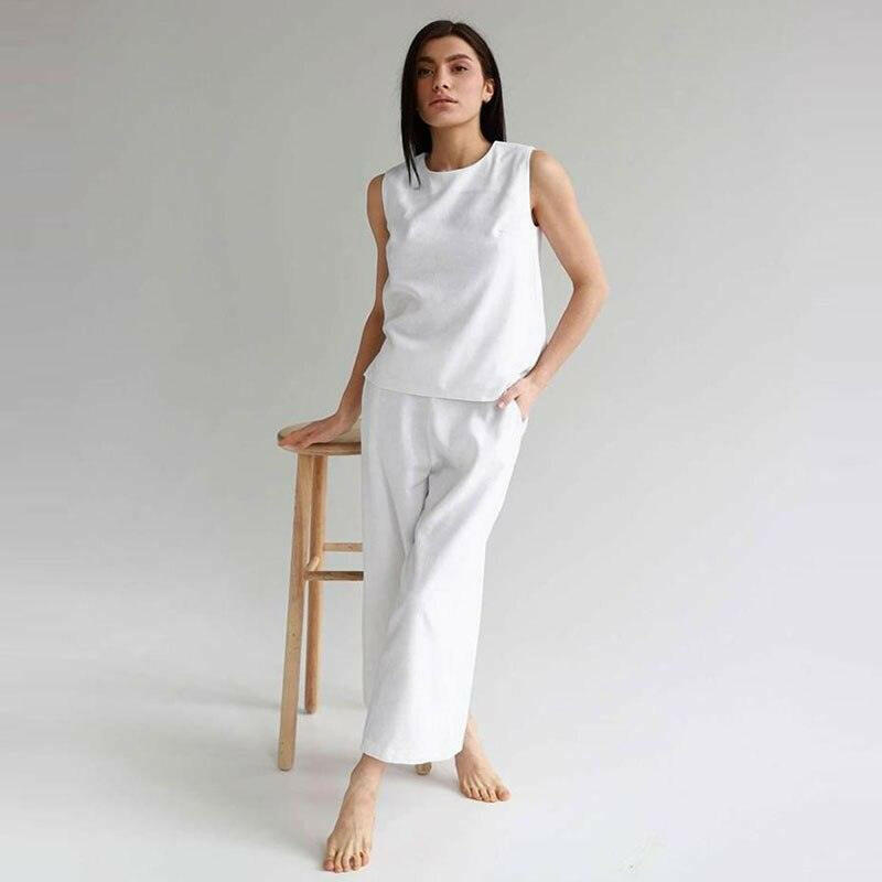 Levoire | Costume Sans Manches En Coton Et Lin Pour Femmes Blanc - Largeur des bretelles