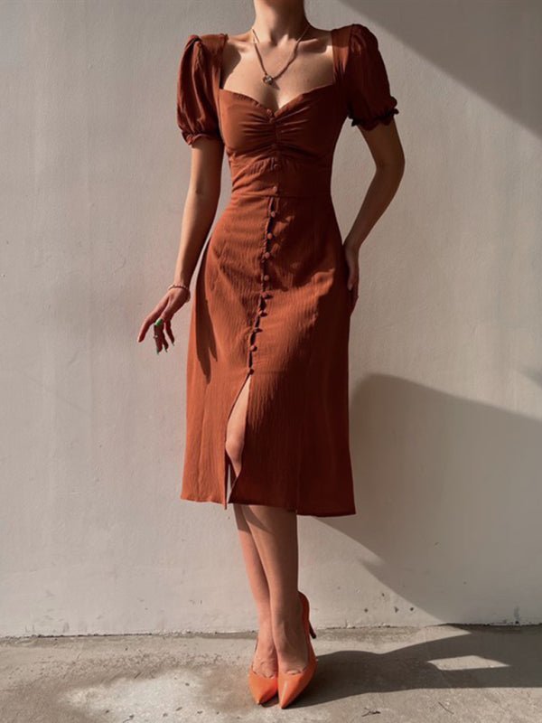 Levoire | Femmes Élégante Découpe en Cœur Manches Bouffantes Mi-Longue Robe