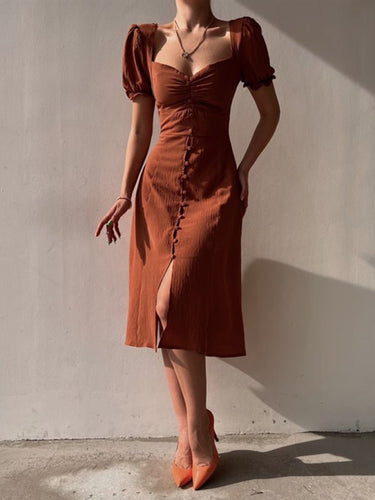 Levoire | Femmes Élégante Découpe en Cœur Manches Bouffantes Mi-Longue Robe