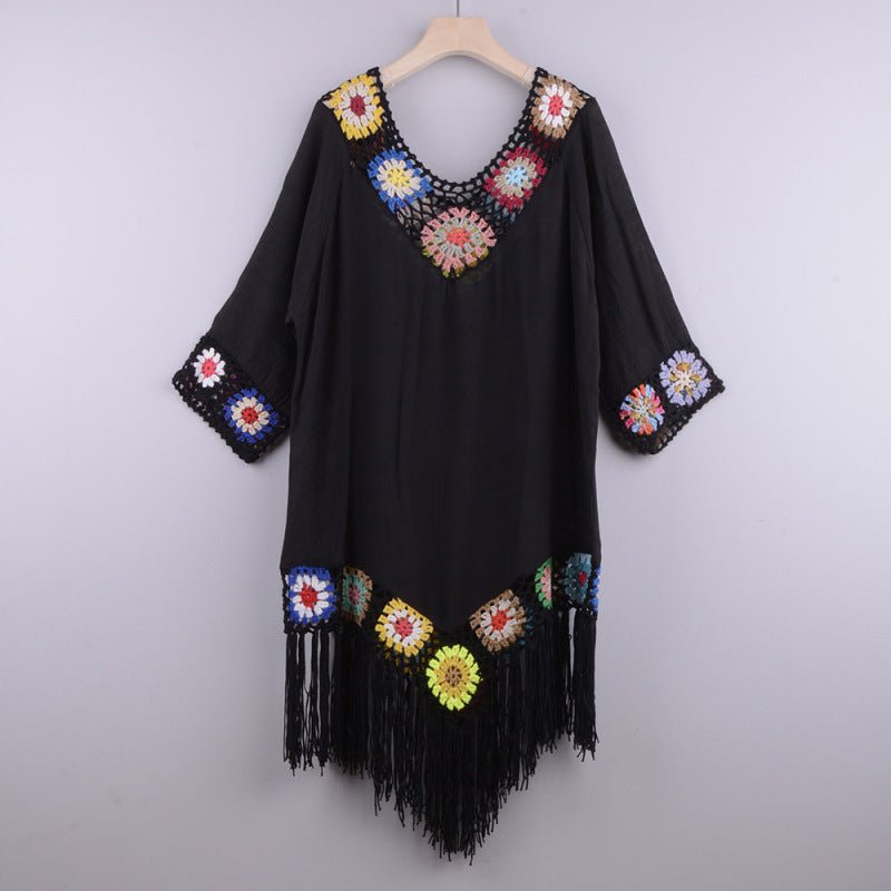 Levoire | Robe à manches trois-quarts en coton brodée avec franges Musta VAPAAT TAILLE