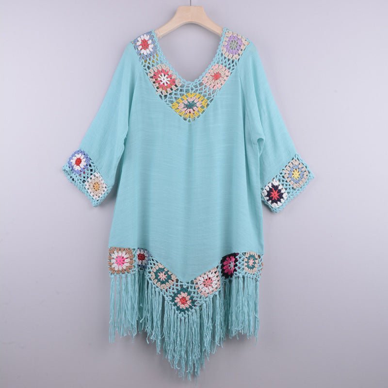 Levoire | Robe à manches trois-quarts en coton brodée avec franges Sininen VAPAAT TAILLE