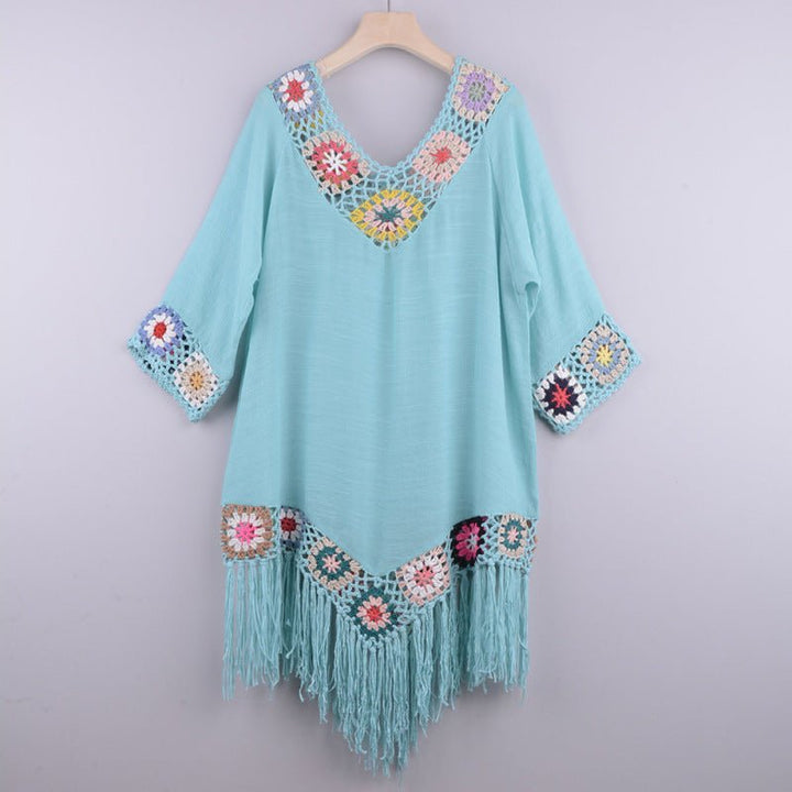 Levoire | Robe à manches trois-quarts en coton brodée avec franges Sininen VAPAAT TAILLE