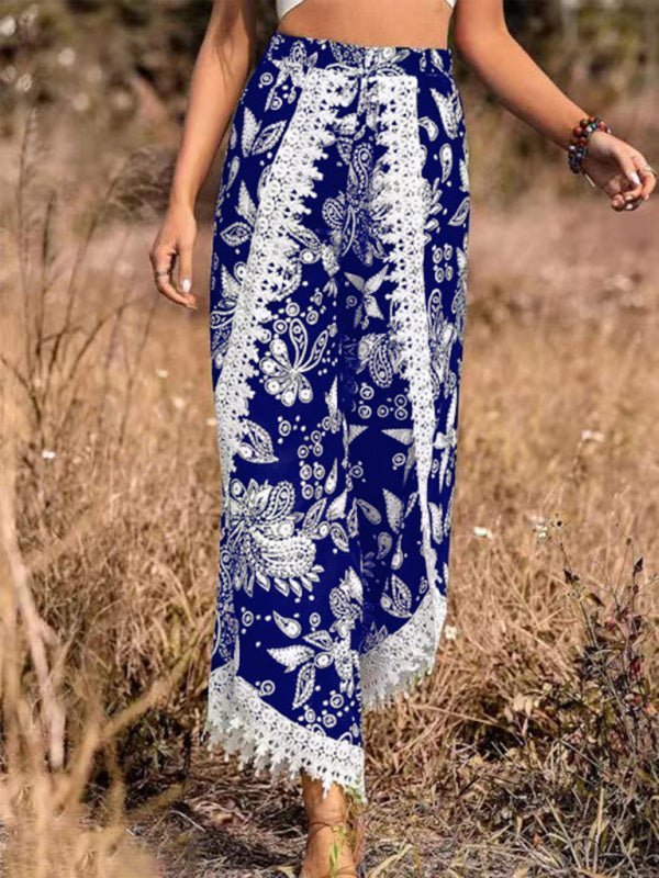 Levoire | Femmes style ethnique impression couture pantalons pointus Bleu