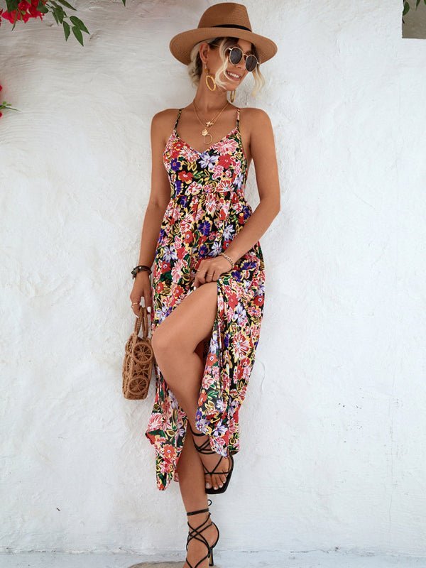 Levoire | Robe à enfiler à fleurs pour femmes avec découpe au dos et fente à fermeture éclair Noir