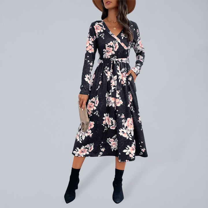 Levoire | Dame Imprimé Floral Faux Enveloppe Taille Ceinture Midi Robe Noir