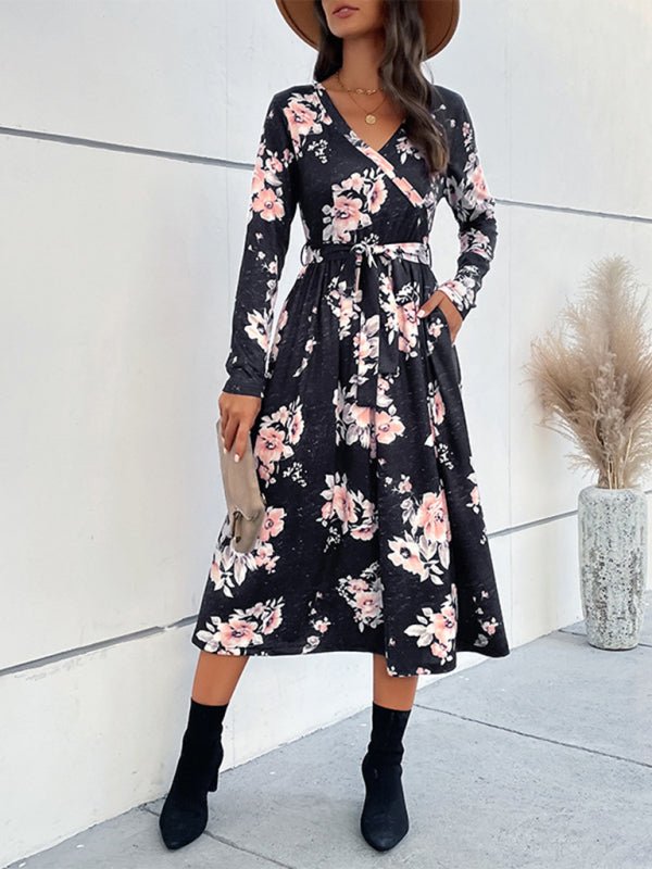 Levoire | Dame Imprimé Floral Faux Enveloppe Taille Ceinture Midi Robe