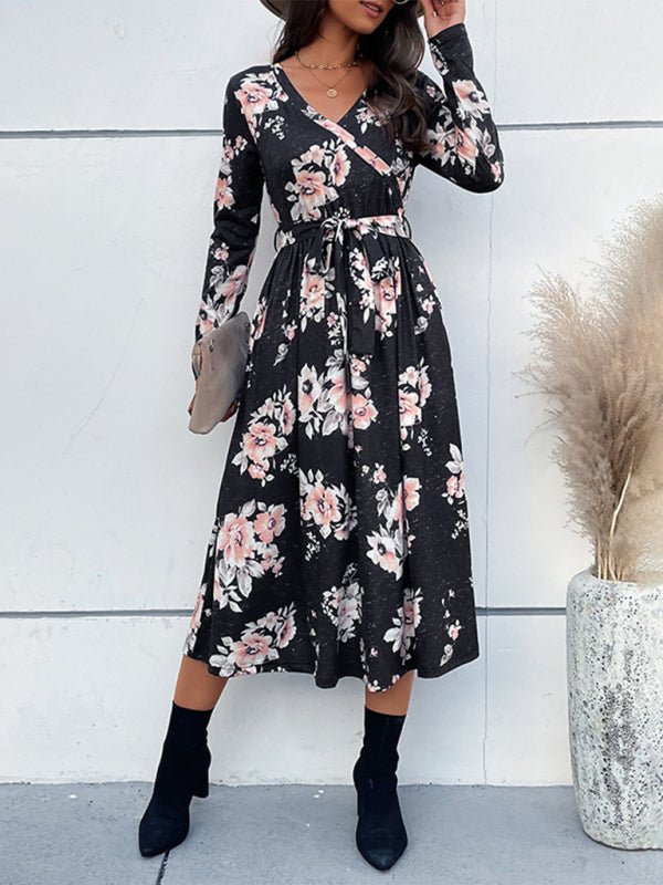 Levoire | Dame Imprimé Floral Faux Enveloppe Taille Ceinture Midi Robe
