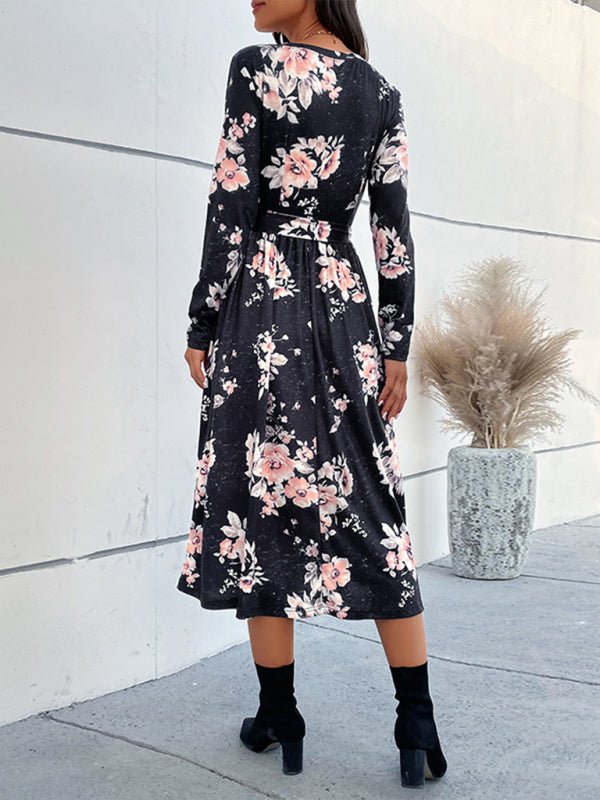 Levoire | Dame Imprimé Floral Faux Enveloppe Taille Ceinture Midi Robe