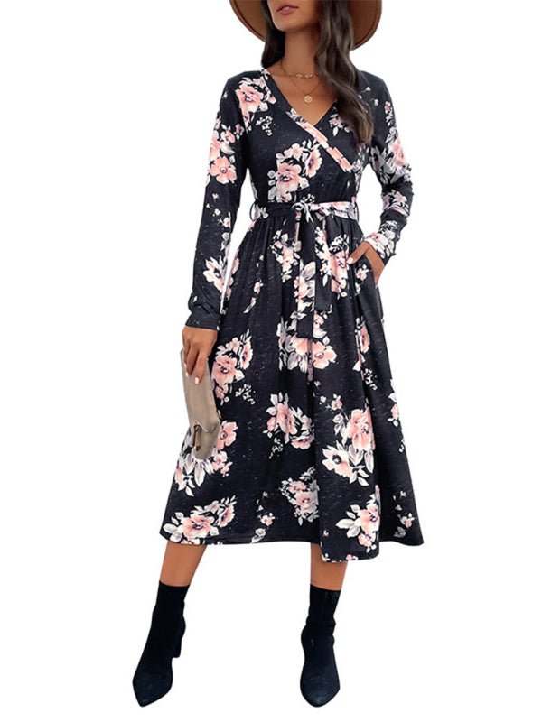 Levoire | Dame Imprimé Floral Faux Enveloppe Taille Ceinture Midi Robe
