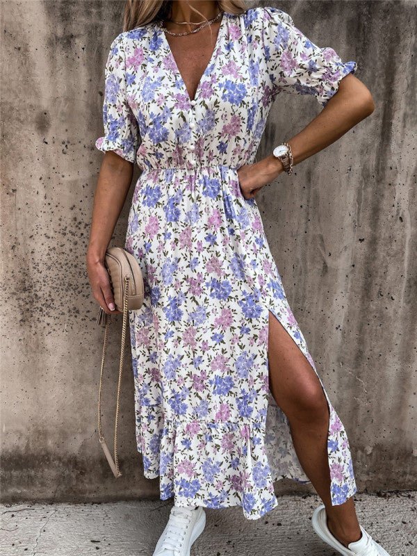 Levoire | Femme Imprimé Floral Manches Courtes Col V Robe Blanc
