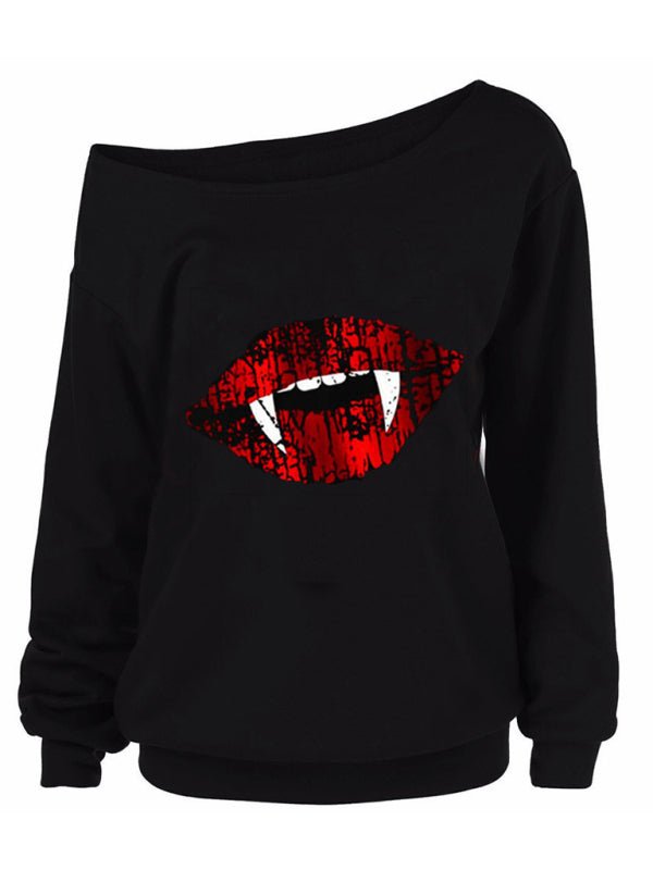 Levoire | Femmes Halloween Imprimé Manches Longues Automne Épaule Biseauté T-shirt Noir