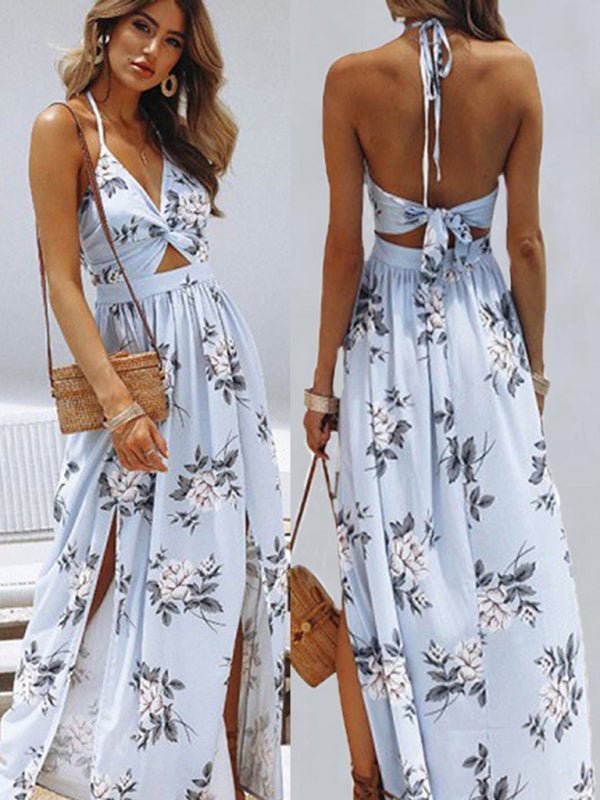 Levoire | Femmes Halterneck V cou Robe en chiffon imprimée sexy Fendue Robe de plage