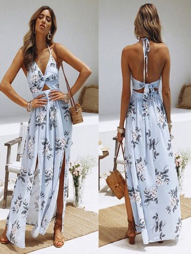 Levoire | Femmes Halterneck V cou Robe en chiffon imprimée sexy Fendue Robe de plage